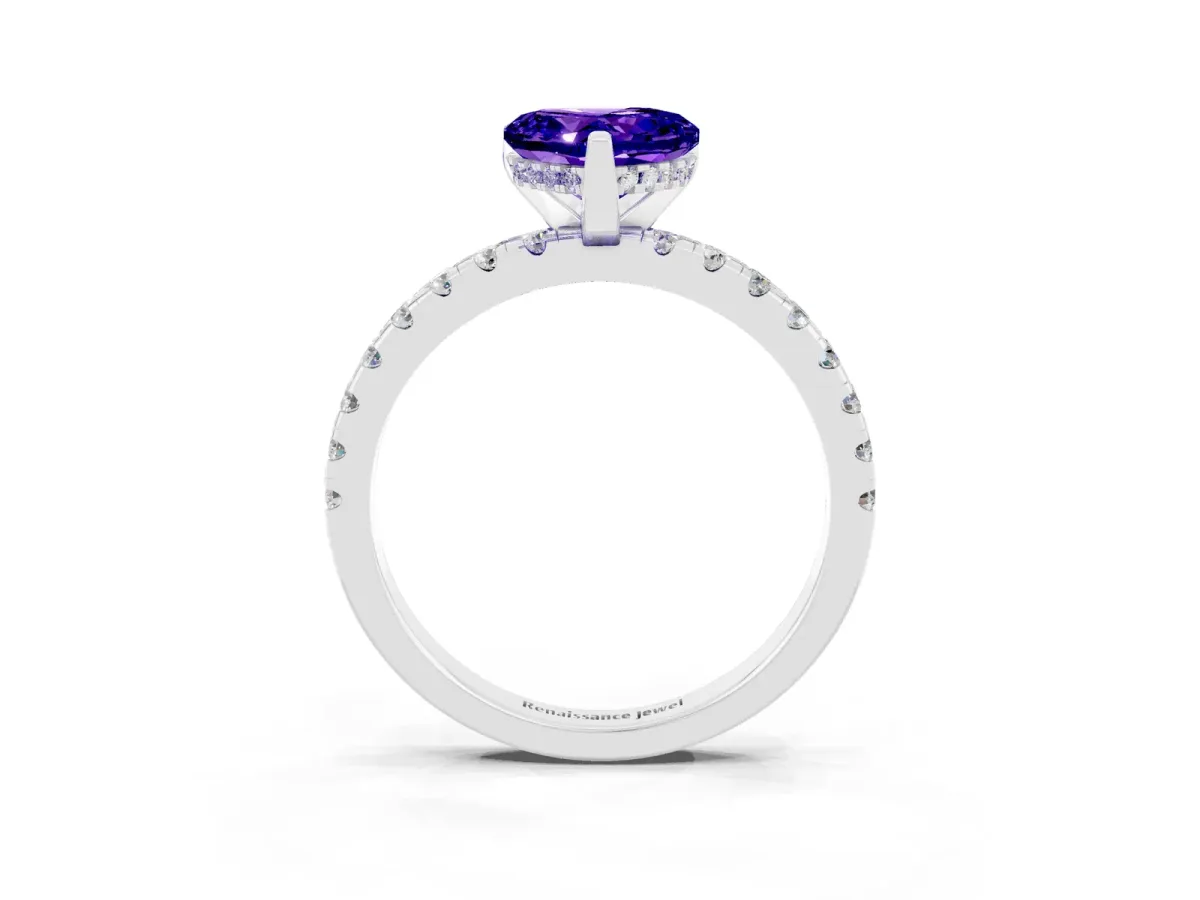 Heart Cut Tanzanite Solitaire Ring with Round Pavé Band and Four-Prong Setting Silver