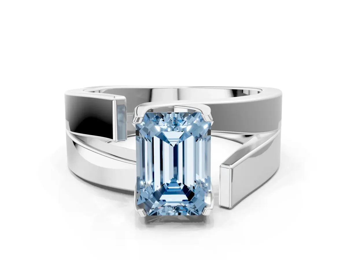 Fancy Blue Modern Tension Set Emerald Cut Diamond Solitaire Wide Band Ring Platinum