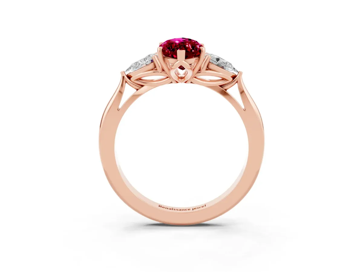 Marquise Cut Garnet Three-Stone Ring with Pear Side Stones and Prong Setting Rose gold