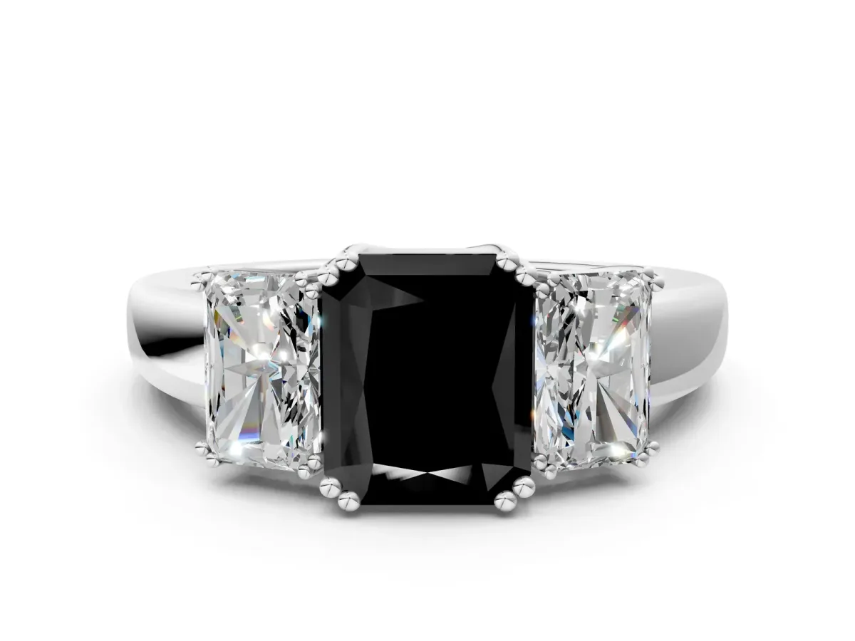 Fancy Black Three-Stone Radiant Cut Cut Diamond Ring with Channel Set Band and Four-Prong Setting Silver
