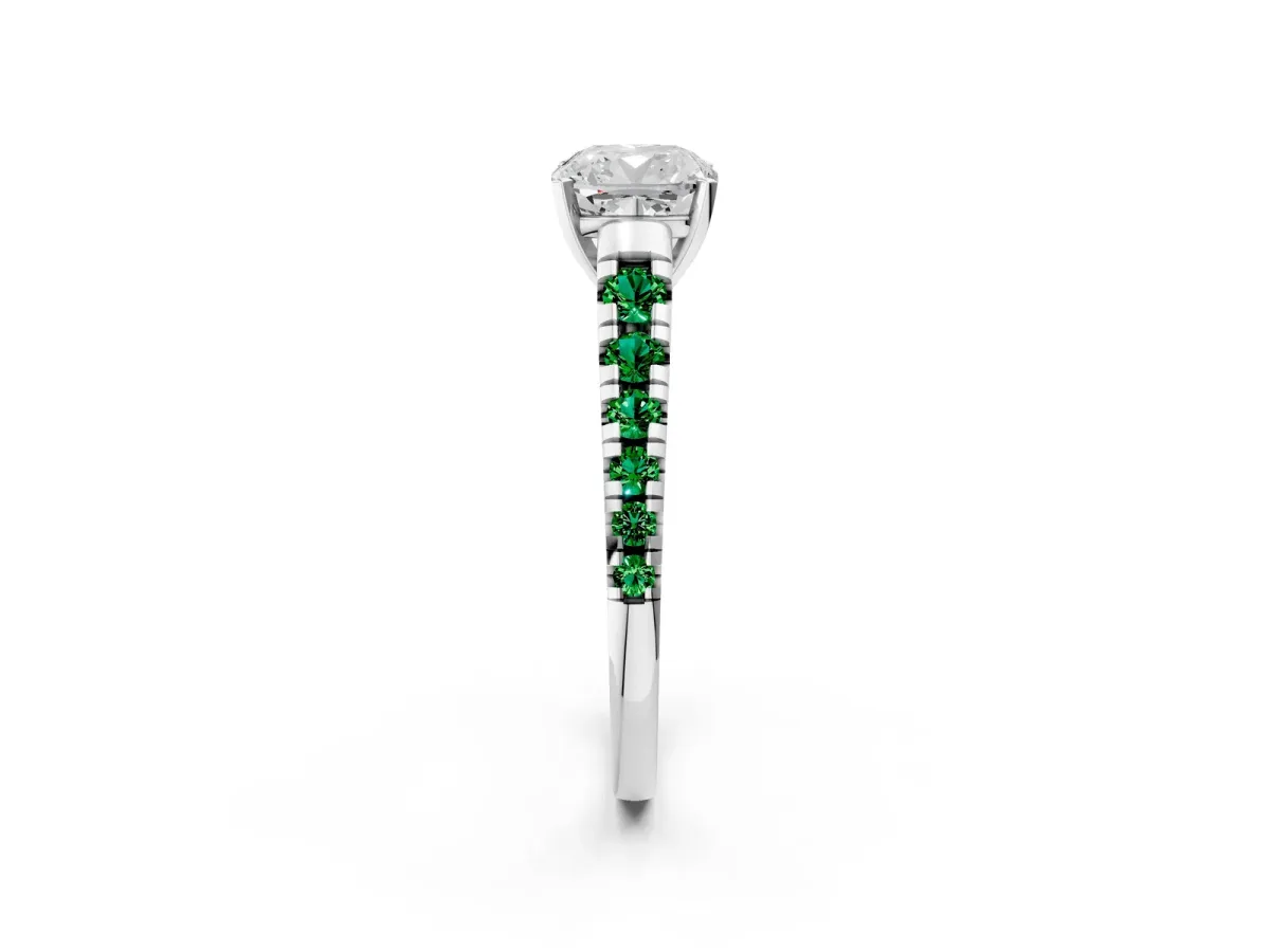 Cushion Cut Diamond Cathedral Solitaire Ring with Round Emerald Pavé Band Silver