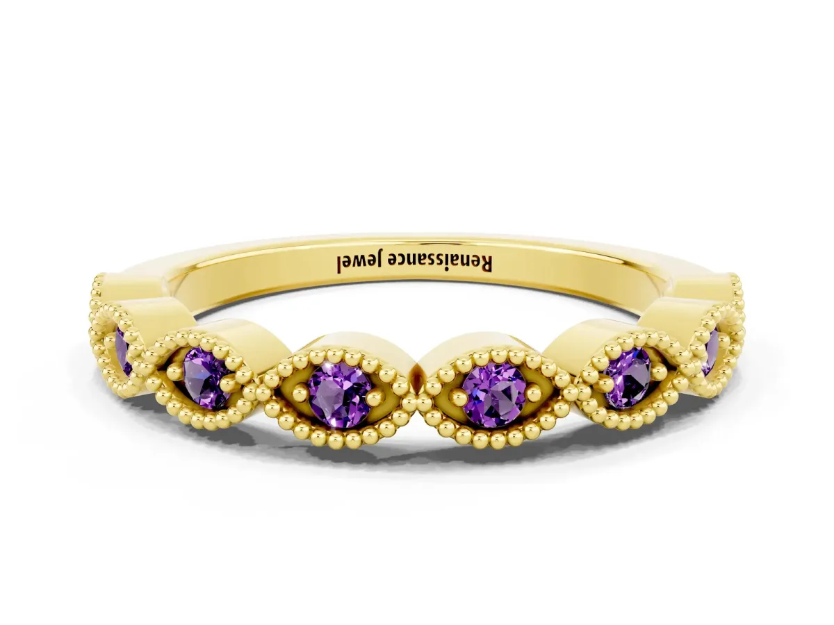 Milgrain Marquise Amethyst Half Eternity Band with Bezel Setting Yellow gold