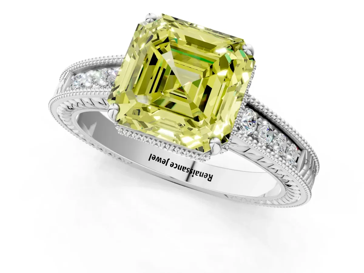 Fancy Yellow Asscher Cut Cut Diamond Milgrain Pave Band Four-Prong Setting Ring Platinum