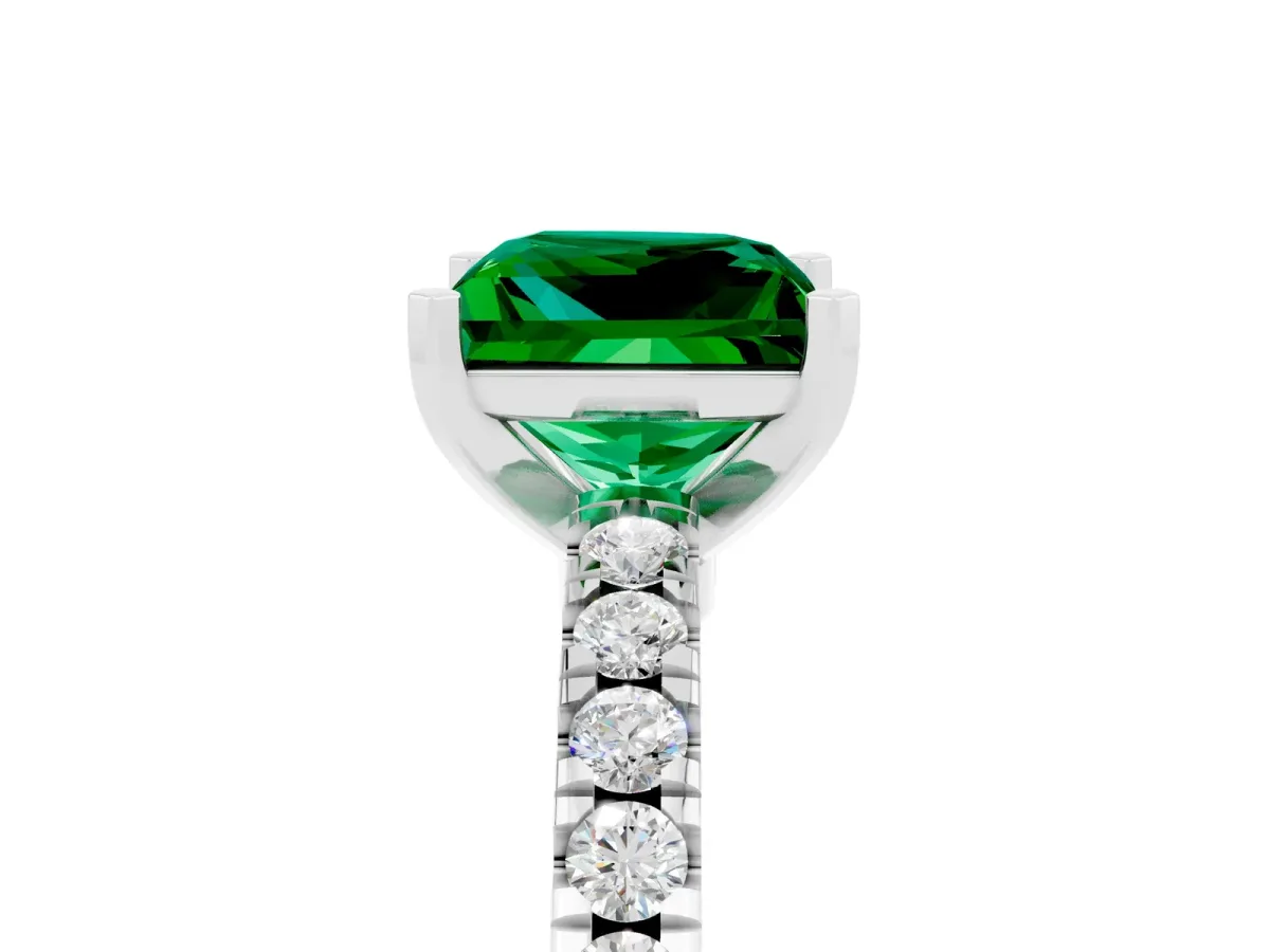 Princess Cut Solitaire Emerald with Pavé Band and Four-Prong Setting Silver