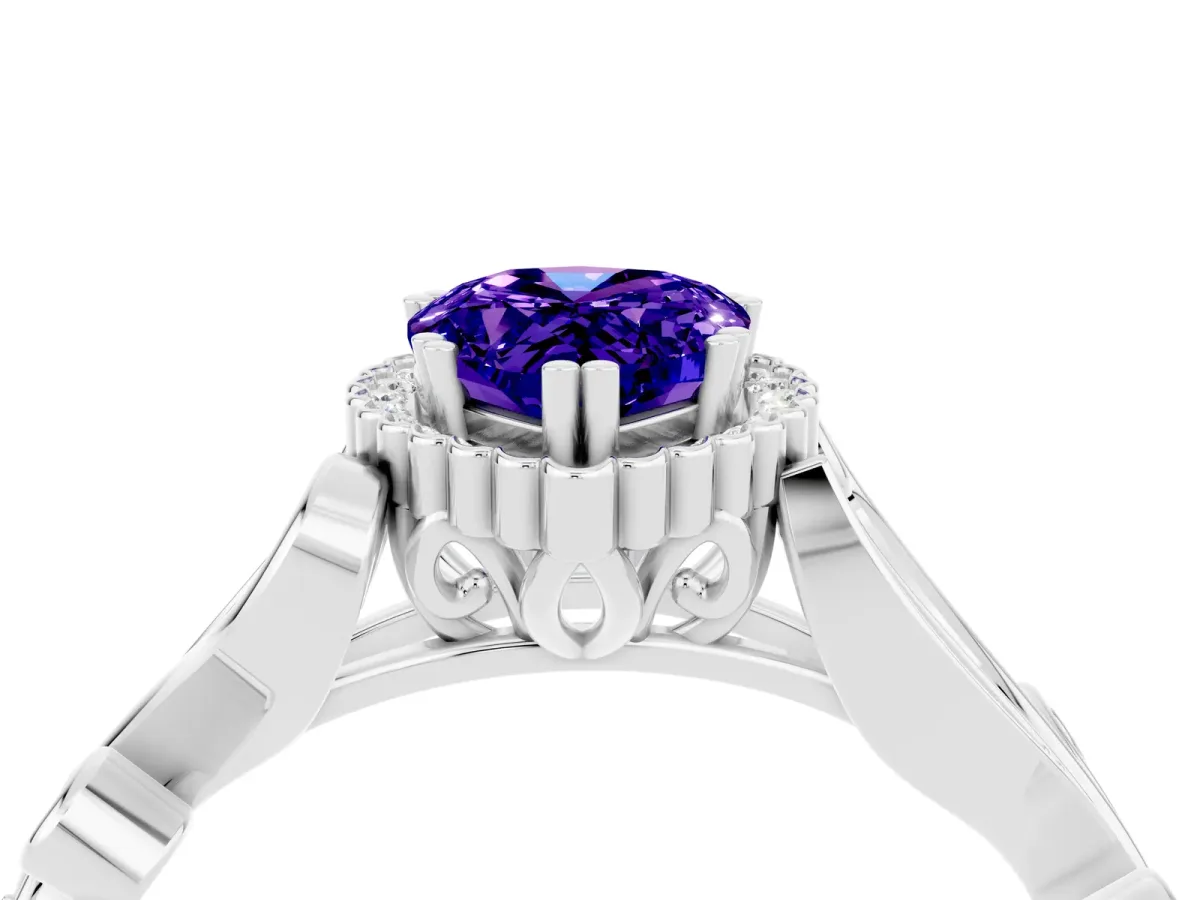 Pear Cut Tanzanite Halo Ring with Vintage Split Shank and Four-Prong Setting Platinum