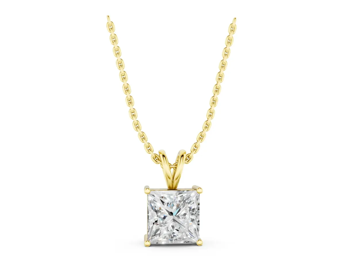 Princess Diamond Solitaire Pendant with Four Prong Setting Yellow gold