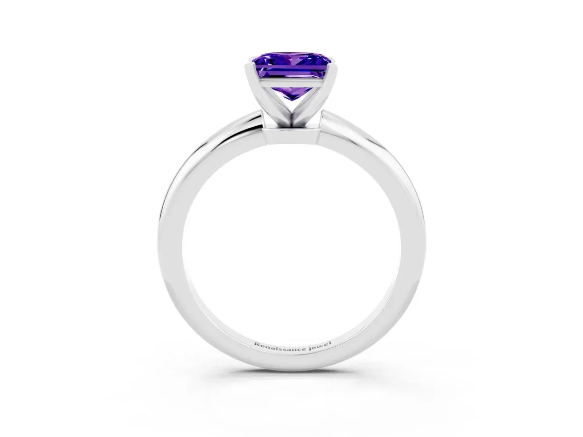 Princess Cut Tanzanite Solitaire Ring with Six-Prong Setting and Classic Band Silver