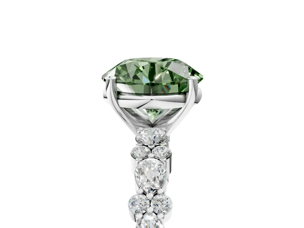 Fancy Green Round Cut Diamond Side Stone Solitaire Ring with Round and Four-Prong Setting Platinum