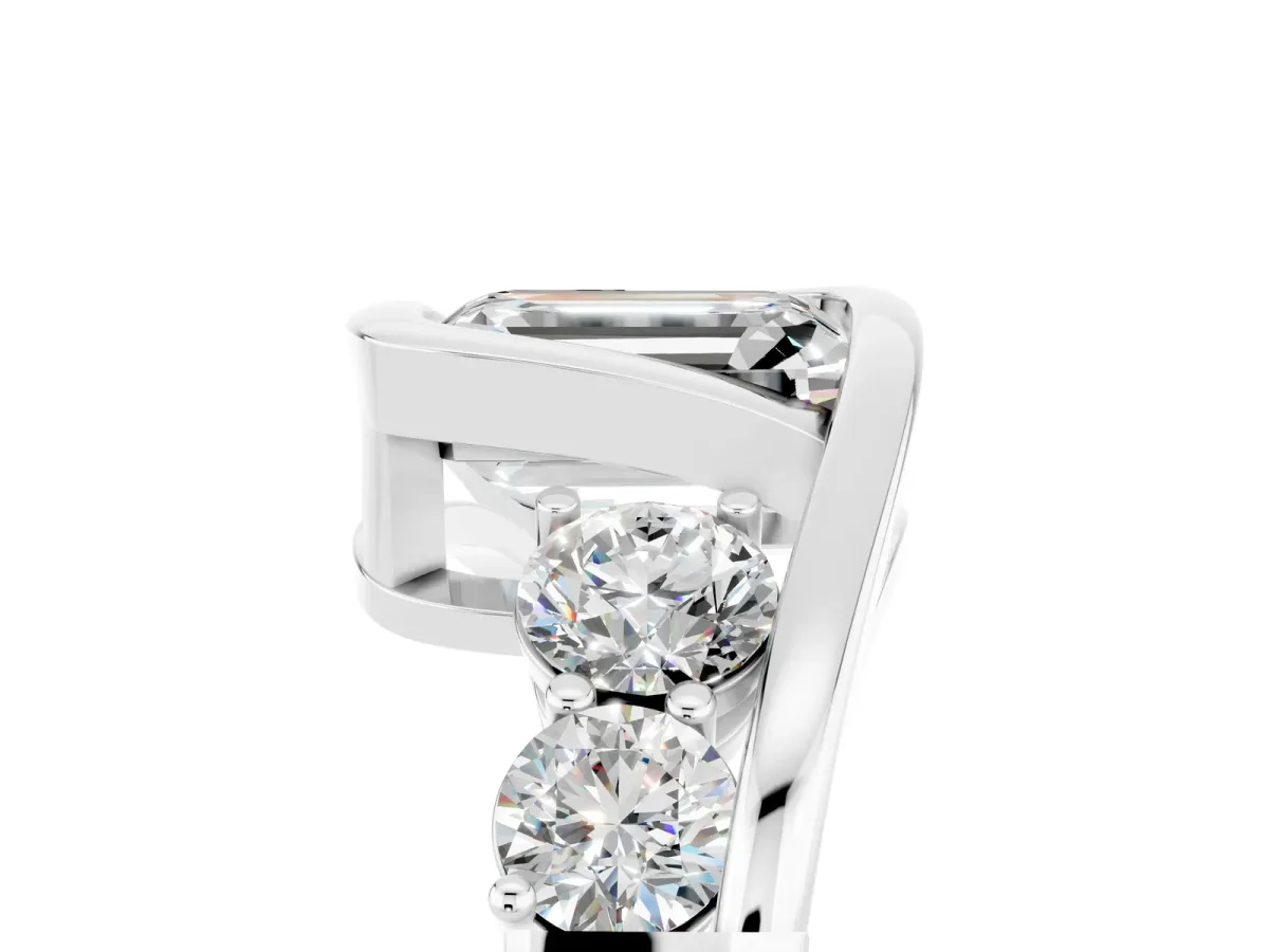 Bezel Set Emerald Cut Moissanite Bypass Ring with Round Accents Silver