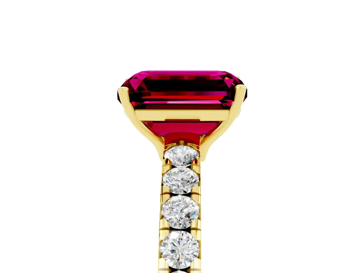 Emerald Cut Garnet Pavé Solitaire Engagement Ring with Four-Prong Setting Yellow gold