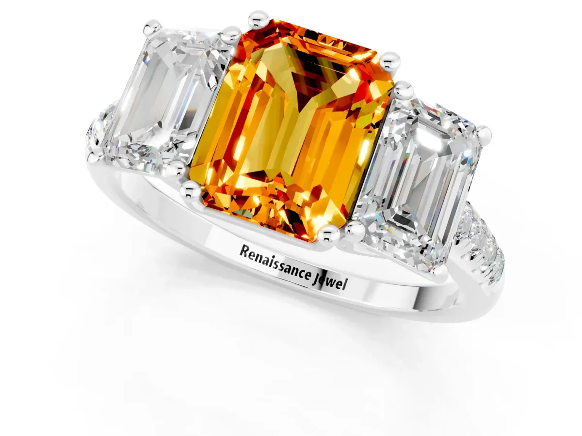 Three-Stone Emerald Cut Citrine Ring with Round Pavé Band and Prong Setting Silver