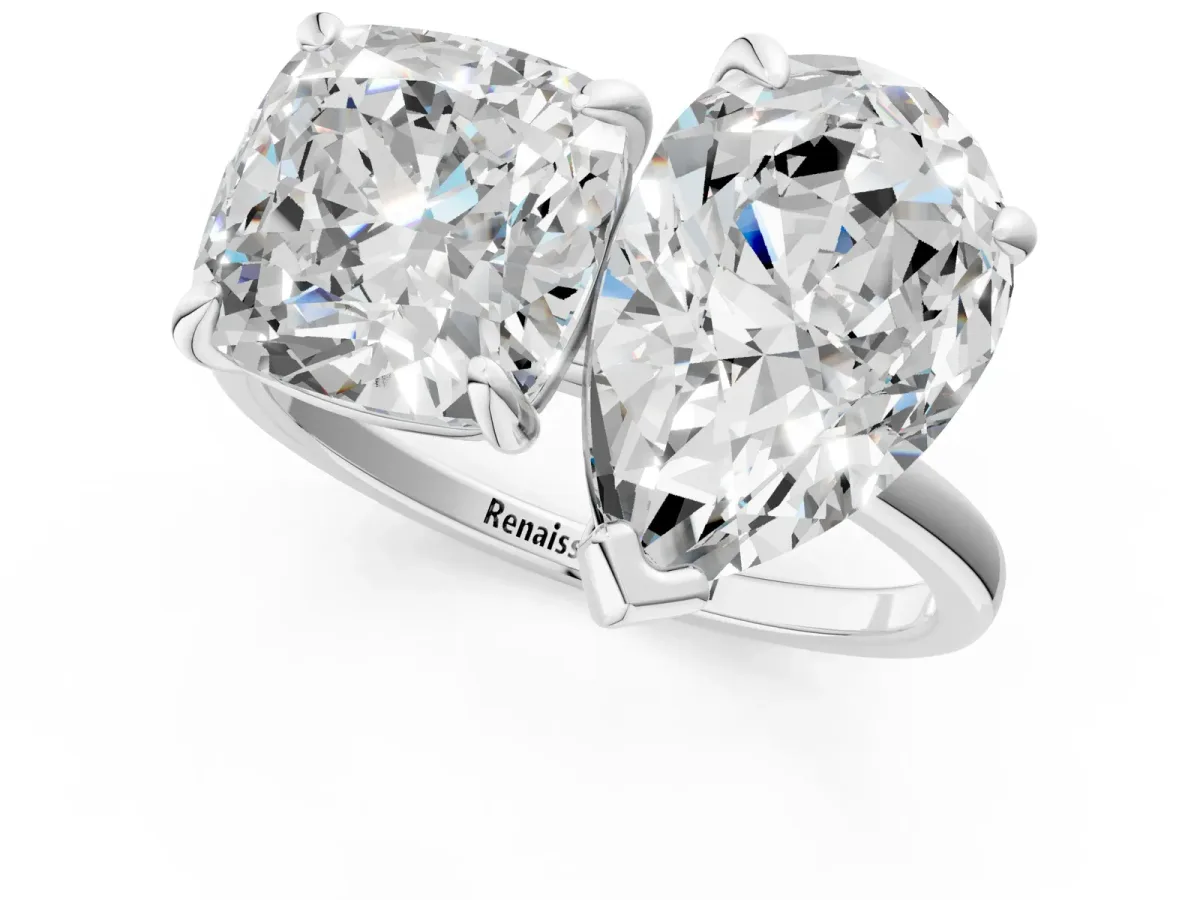 Pear and Cushion Toi Moi Ring with Prong Setting and Plain Band Silver