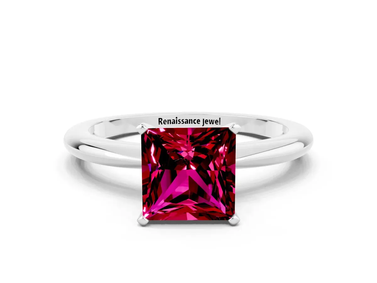 Princess Cut Garnet Solitaire Ring with Six-Prong Setting and Classic Band Platinum