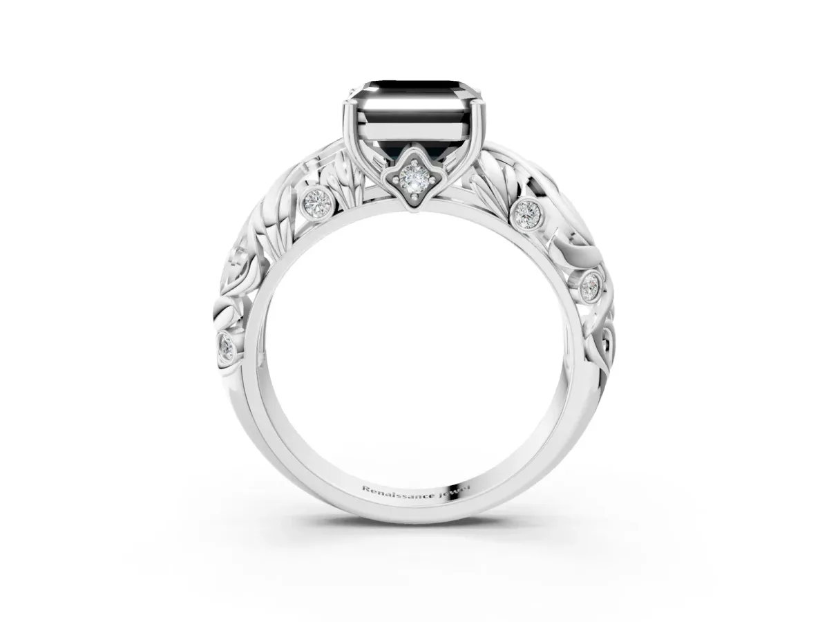 Fancy Black Asscher Cut Solitaire Diamond Leaf-Inspired Vine Band Ring with Prong Setting Platinum