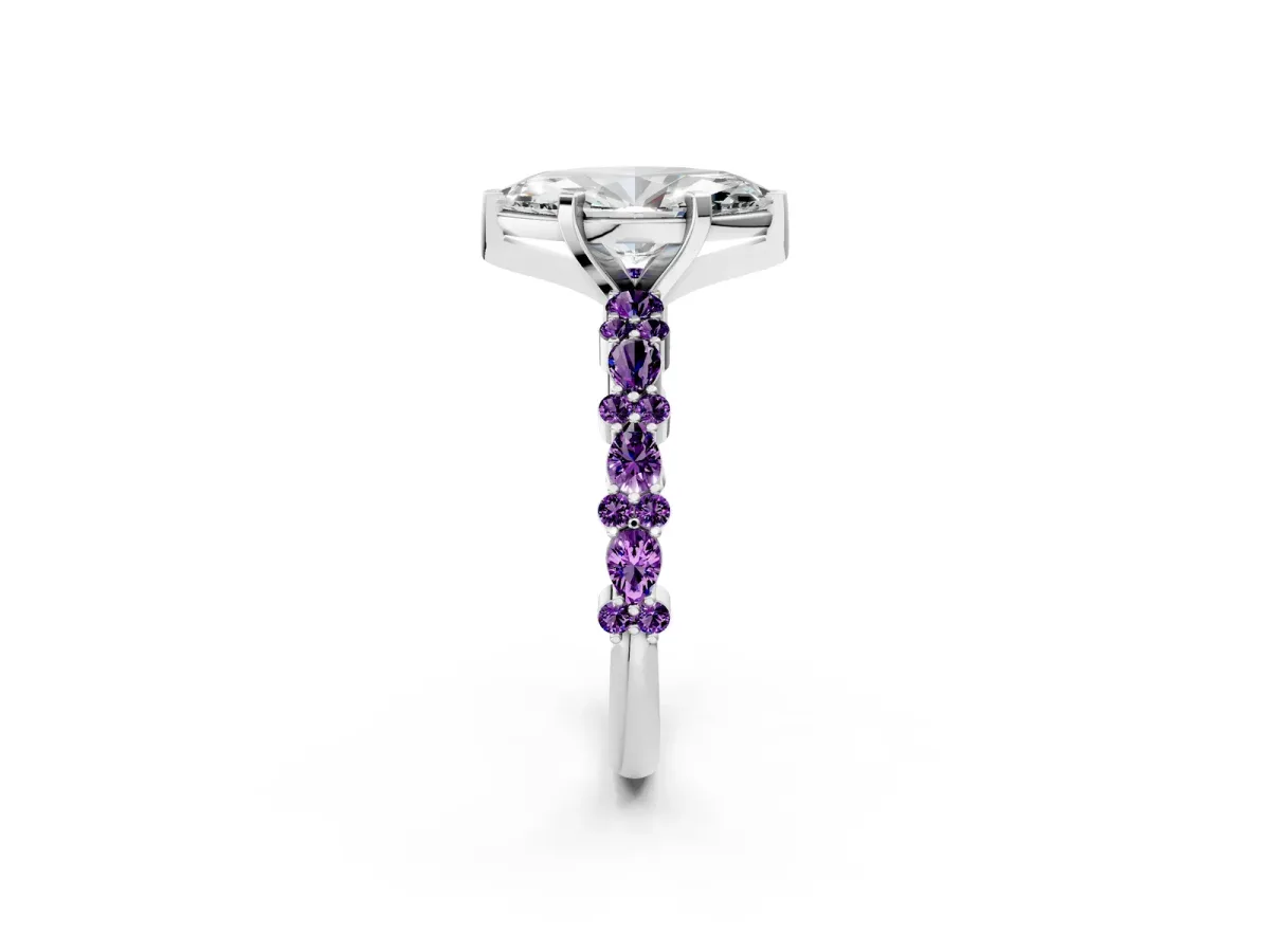 Marquise Cut Diamond Side Stone Solitaire Ring with Round Amethyst and Four-Prong Setting Platinum