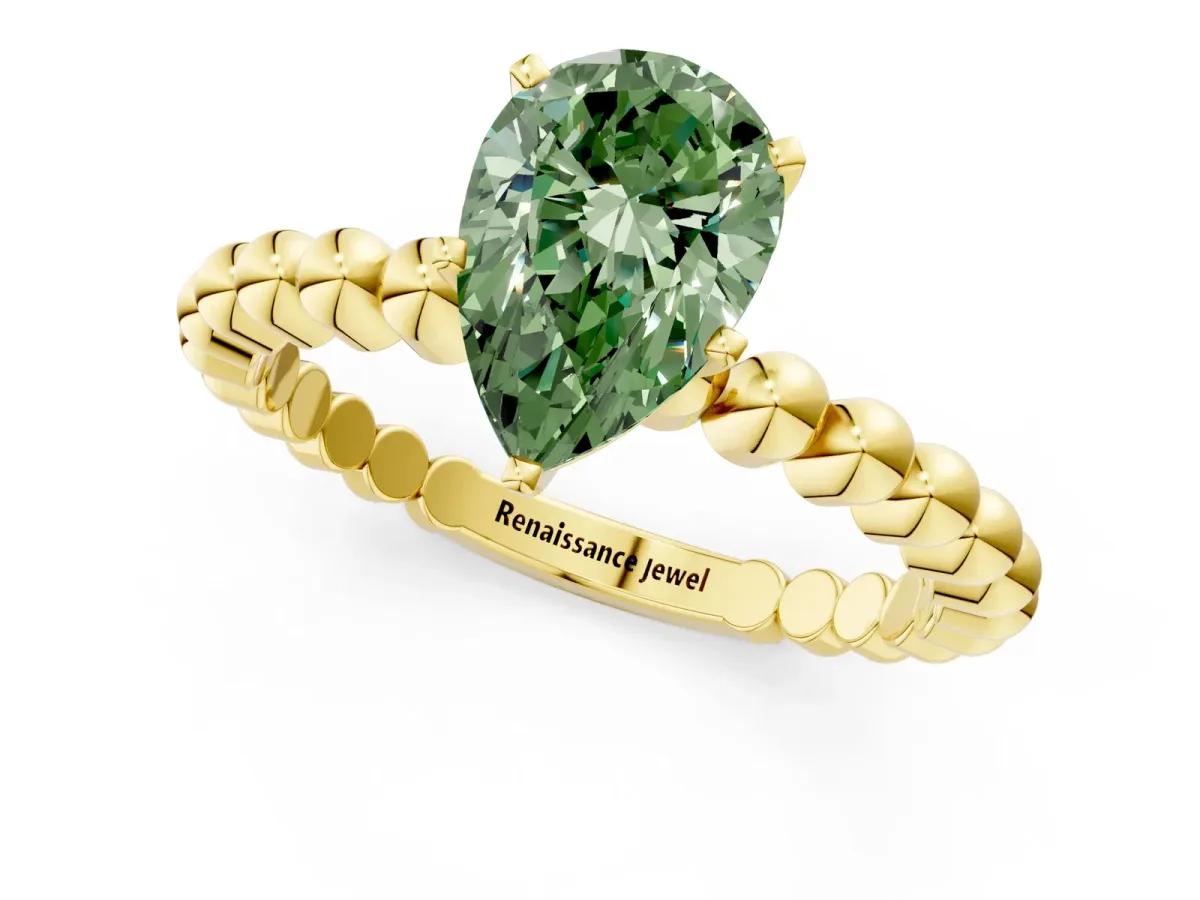 Fancy Green Pear Cut Diamond Solitaire Ring with Beaded Band and Prong Setting Yellow gold