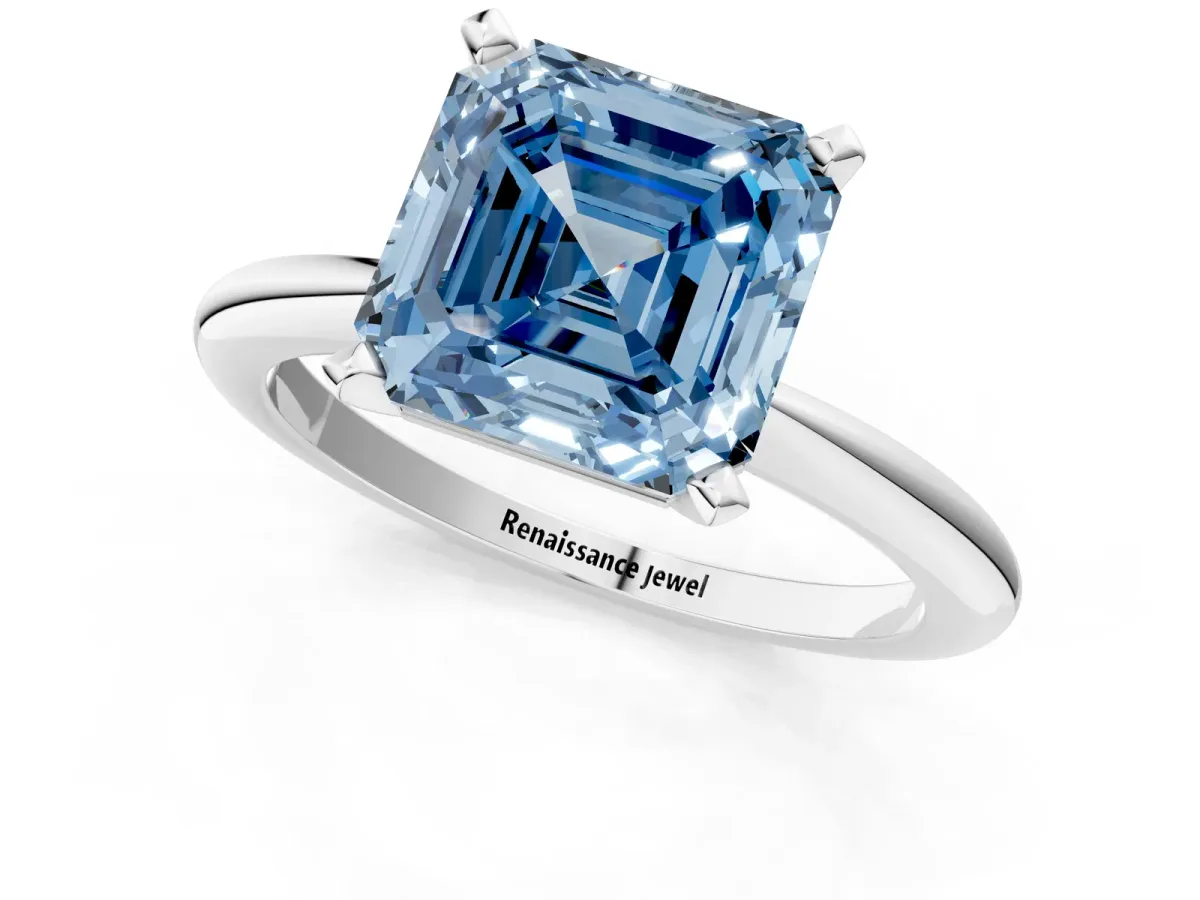 Fancy Blue Asscher Cut Diamond Solitaire Ring with Six-Prong Setting and Classic Band Platinum