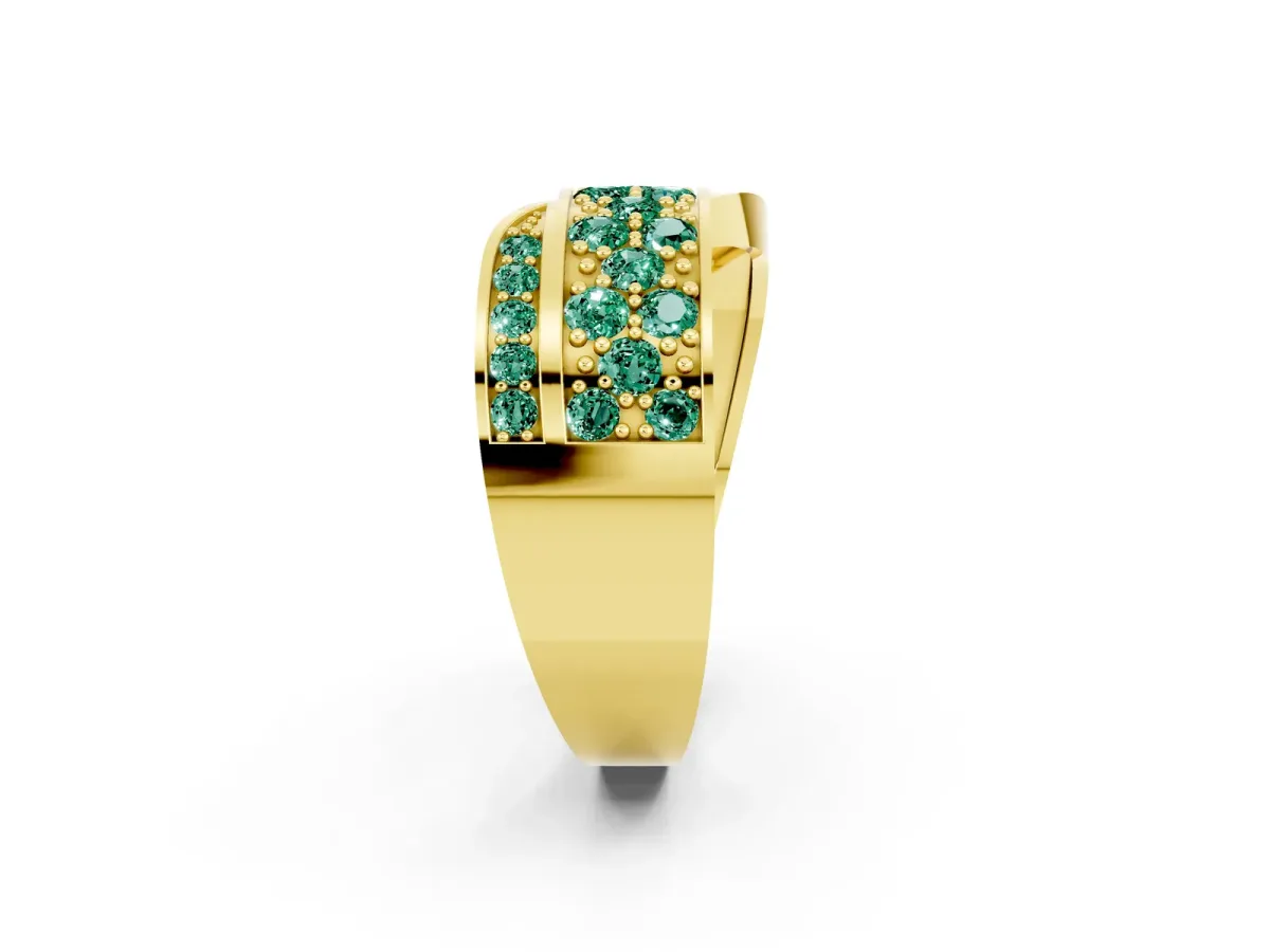 Pavé Round Green Sapphire Crossover Band with Bead Prong Setting Yellow gold