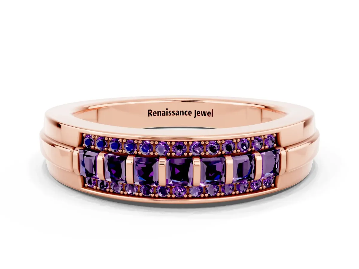 Bar-Set Princess Cut Amethyst Pavé Band Rose gold