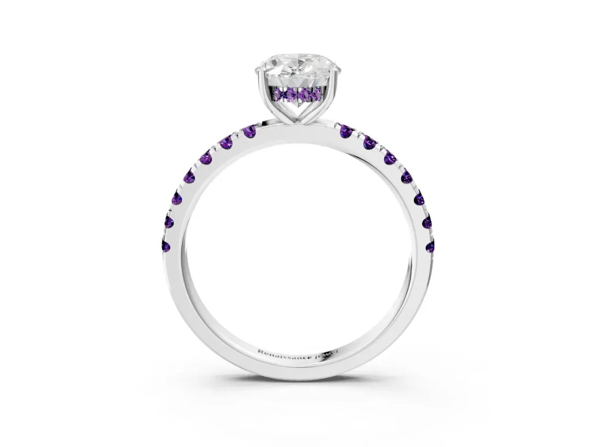 Oval Cut Diamond Pave Band Solitaire Ring with Round Amethyst and Prong Setting Platinum