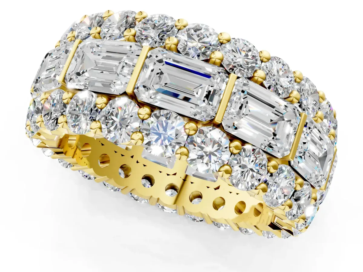 Emerald Cut and Round Diamond Three-Row Eternity Mens Band Yellow gold