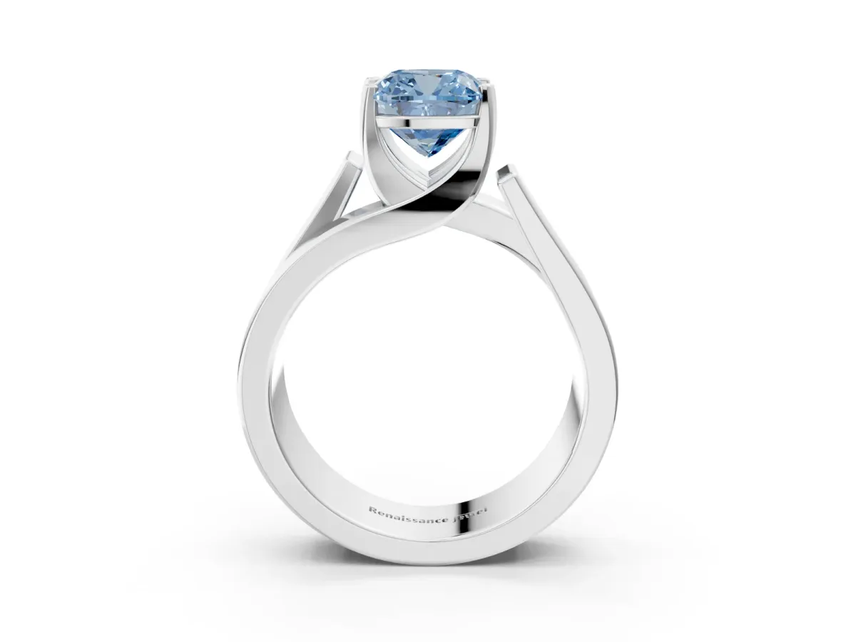 Fancy Blue Modern Tension Set Cushion Cut Diamond Solitaire Wide Band Ring Silver