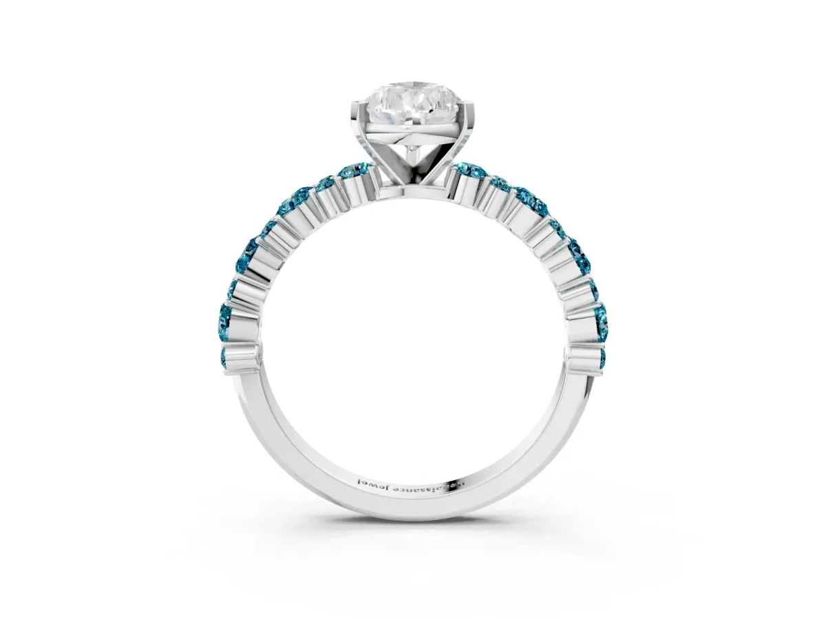 Pear Cut Diamond Side Stone Solitaire Ring with Round Blue Topaz and Four-Prong Setting Silver