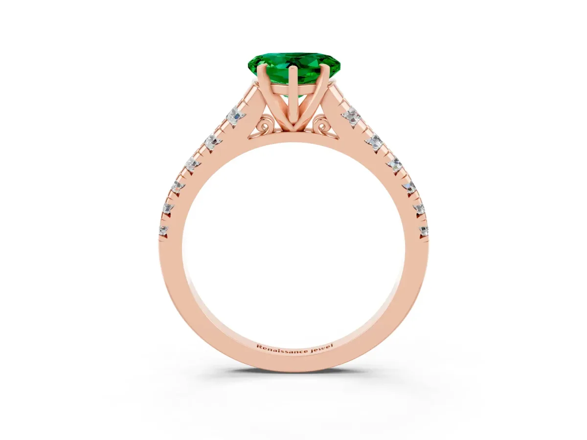 Heart Cut Emerald Cathedral Solitaire Ring with Round Pavé Band Rose gold