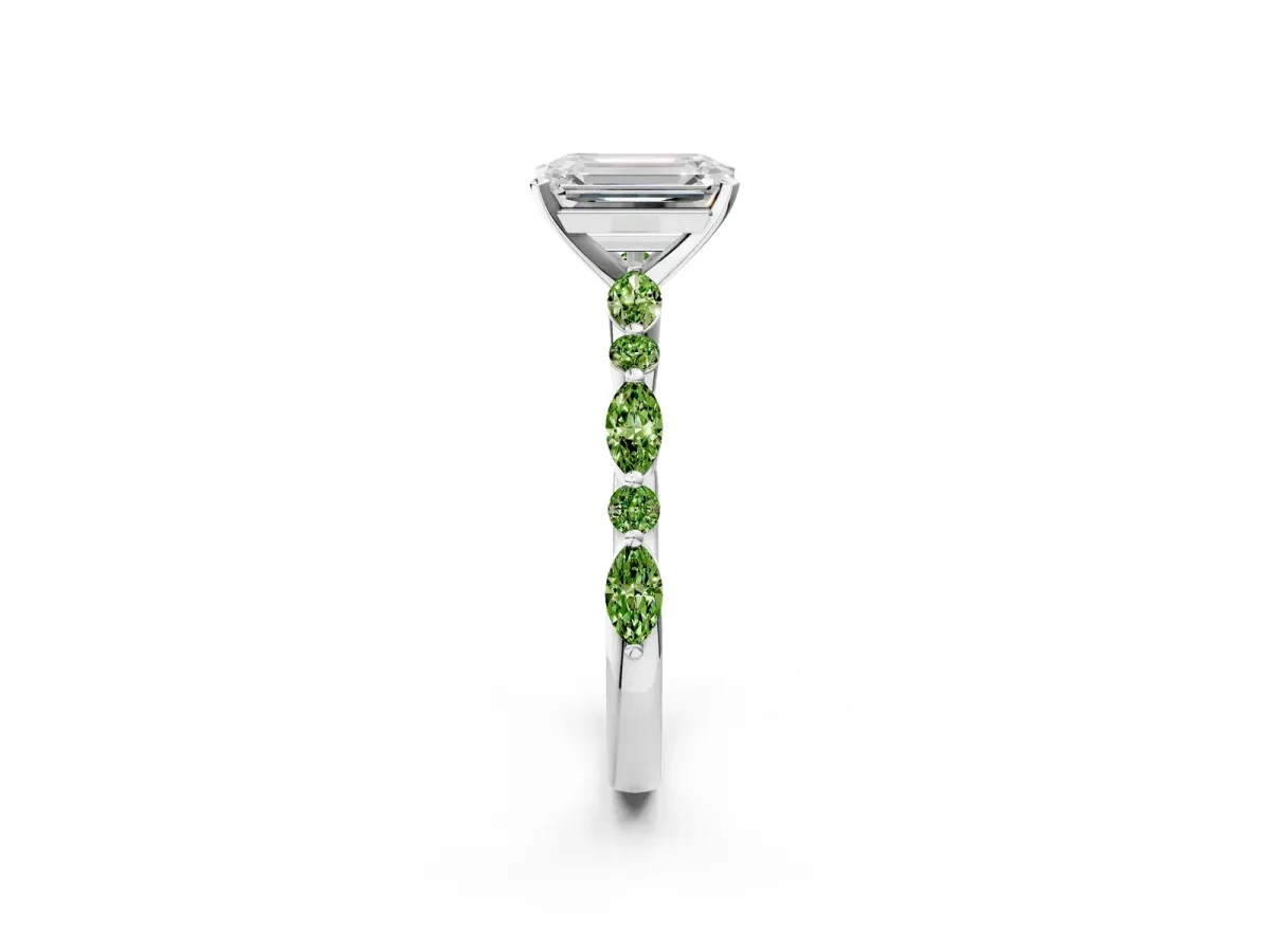 Emerald Cut Diamond Ring with Marquise and Round Peridot Side Stones and Four-Prong Setting Silver