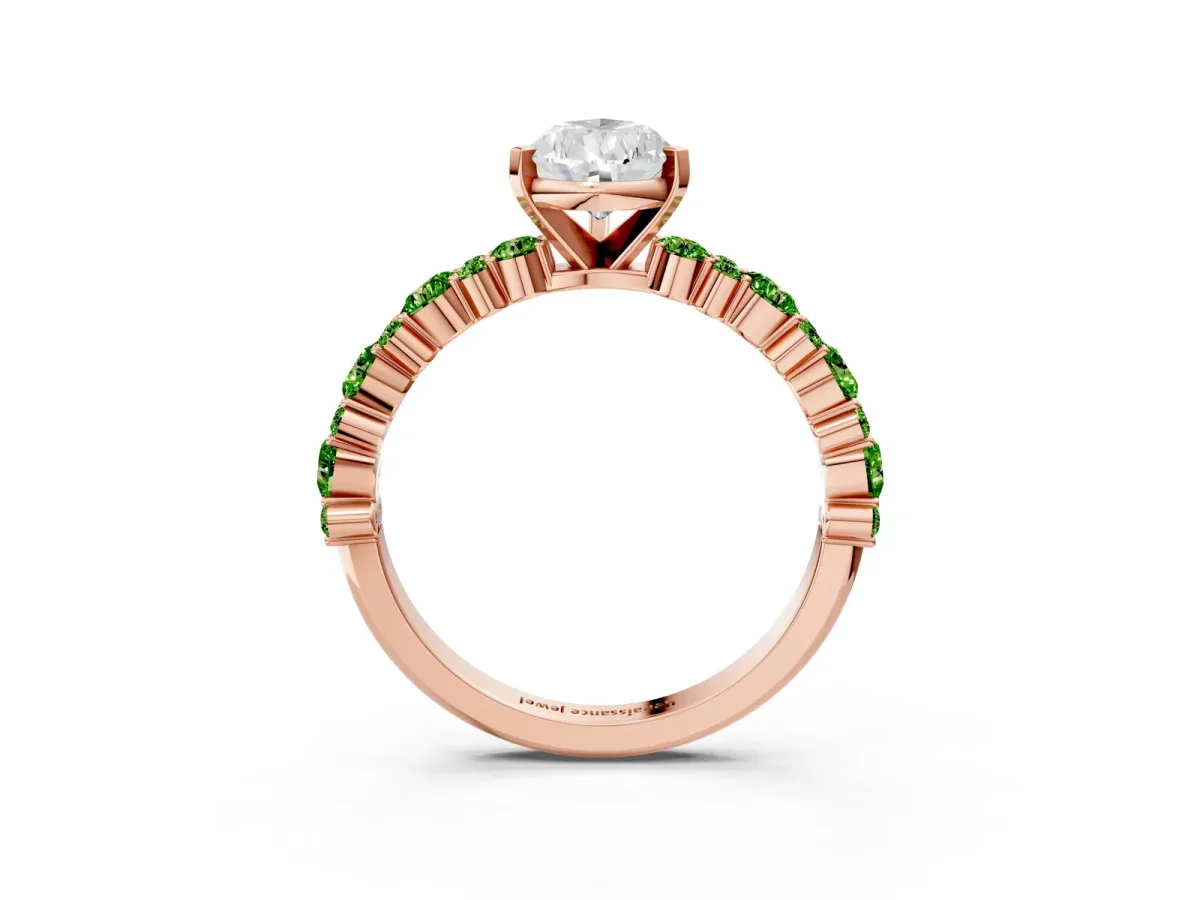 Pear Cut Diamond Side Stone Solitaire Ring with Round Peridot and Four-Prong Setting Rose gold
