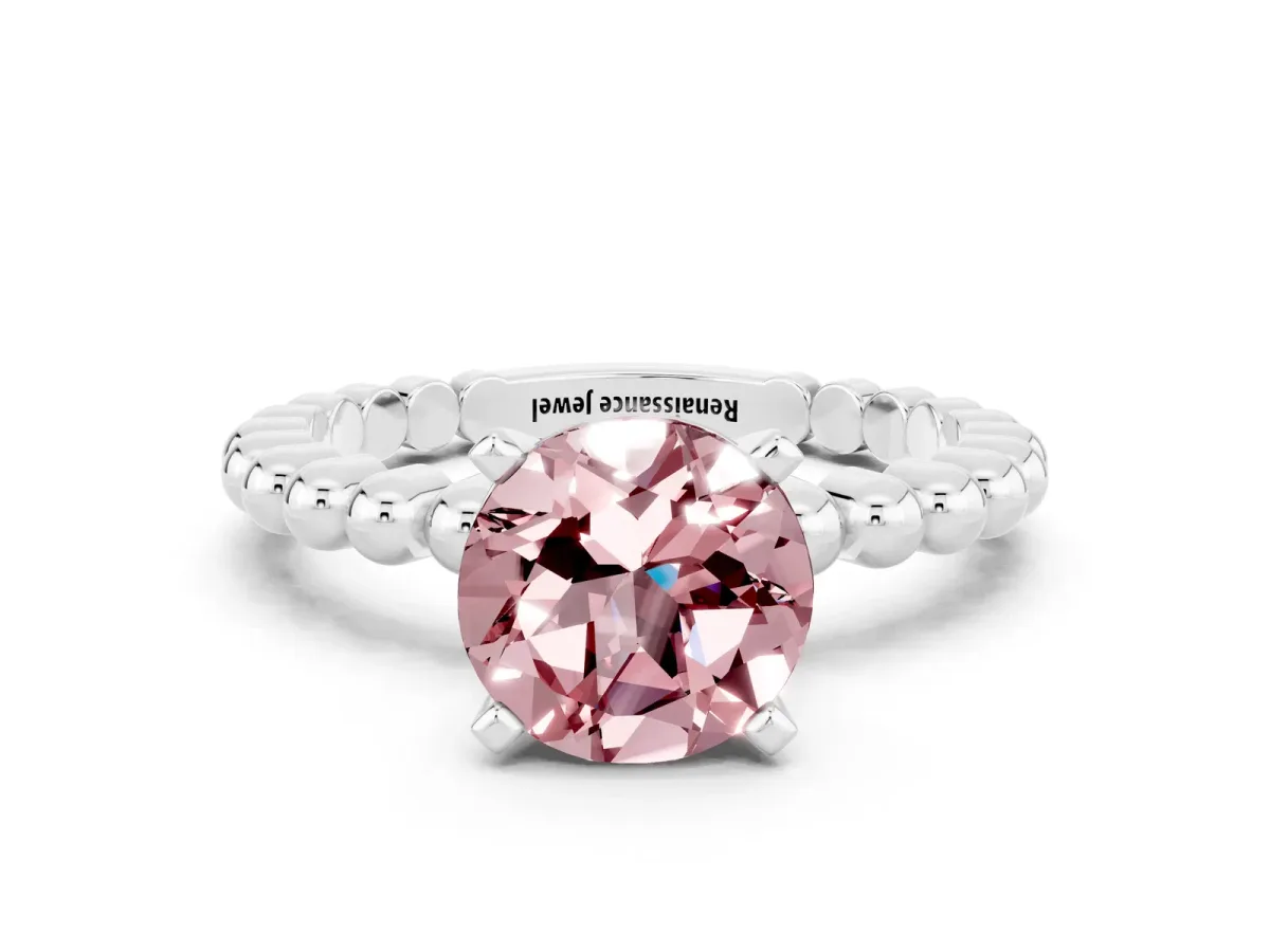 Round Cut Morganite Solitaire Ring with Beaded Band and Prong Setting Platinum