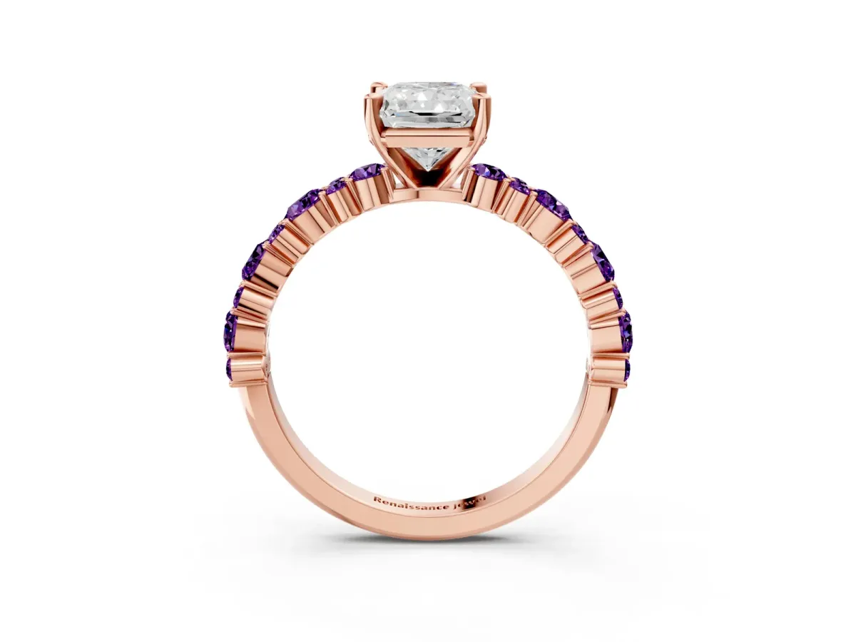 Radiant Cut Diamond Side Stone Solitaire Ring with Round Amethyst and Four-Prong Setting Rose gold