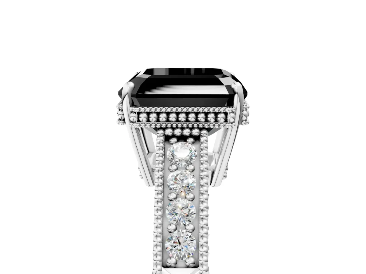 Fancy Black Asscher Cut Cut Diamond Milgrain Pave Band Four-Prong Setting Ring Platinum