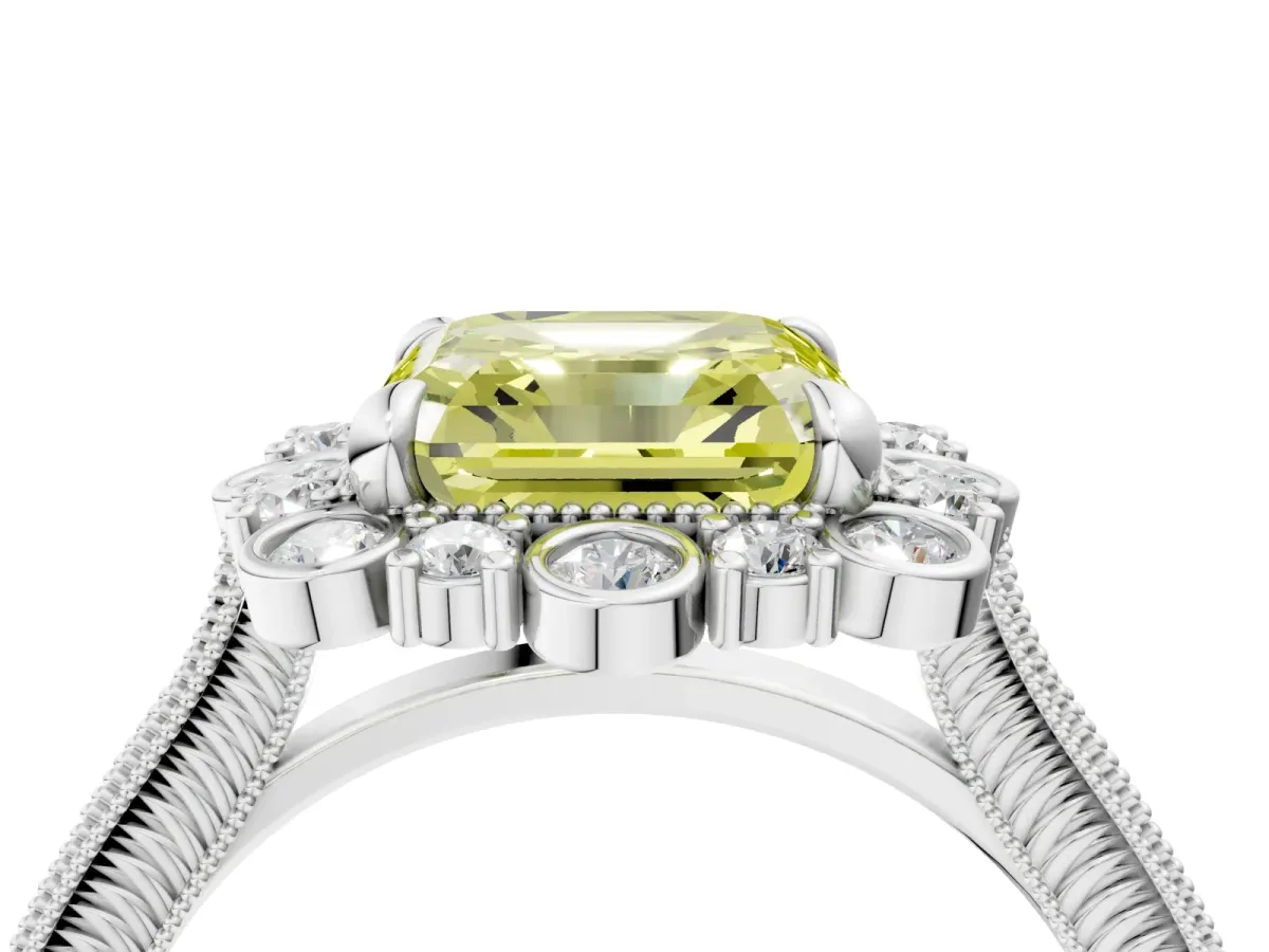Fancy Yellow Asscher Cut Halo Milgrain Pave Diamond Ring with Four-Prong Setting Platinum