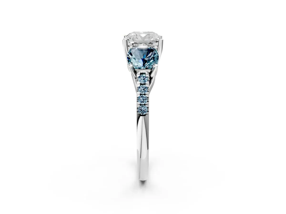 Three-Stone Cushion Cut Diamond Ring with Round Aquamarine Pavé Band and Prong Setting Silver