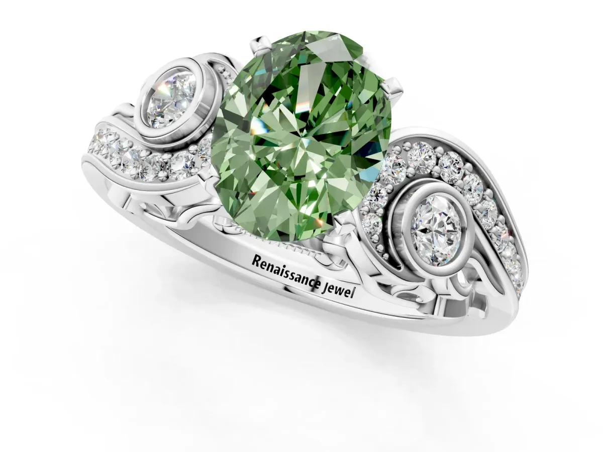 Fancy Green Oval Cut Diamond Solitaire Ring with Milgrain Pavé Band and Four-Prong Setting Silver
