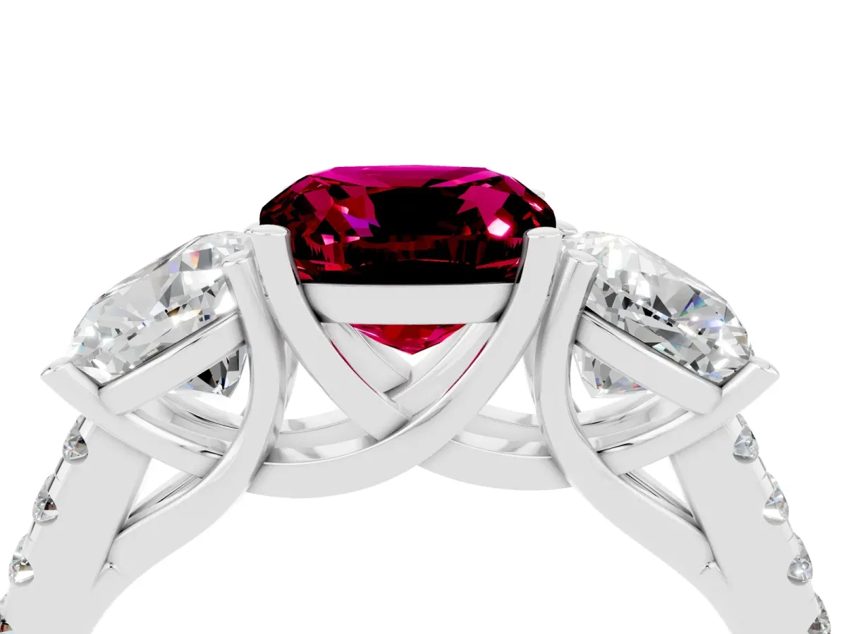 Three-Stone Cushion Cut Garnet Ring with Round Pavé Band and Prong Setting Silver
