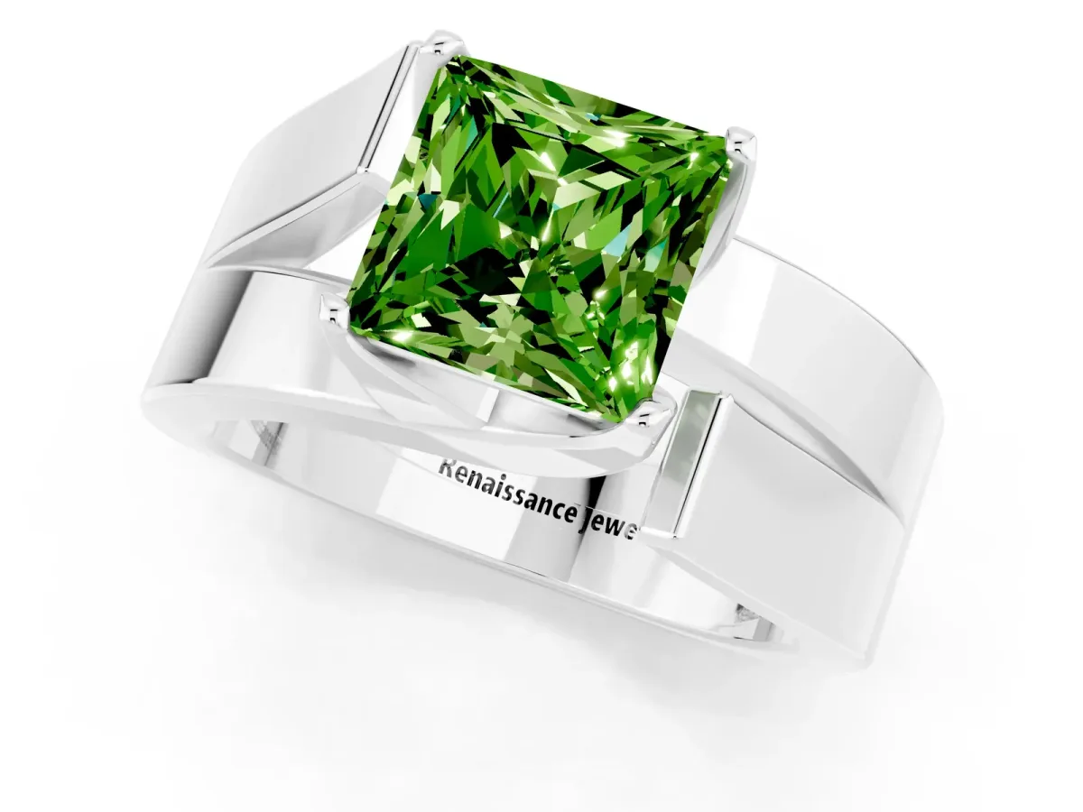 Modern Tension Set Princess Cut Peridot Solitaire Wide Band Ring Silver