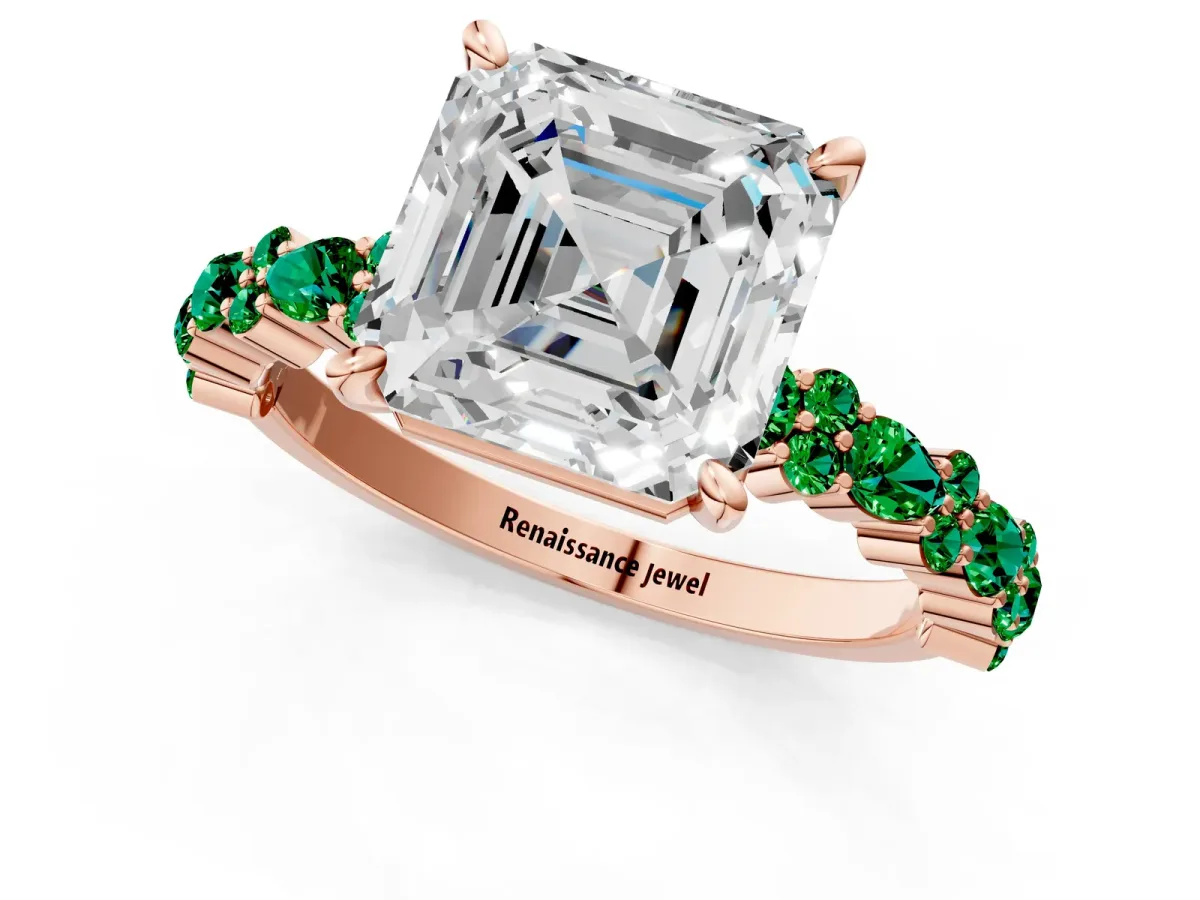 Asscher Cut Diamond Side Stone Solitaire Ring with Round Emerald and Four-Prong Setting Rose gold