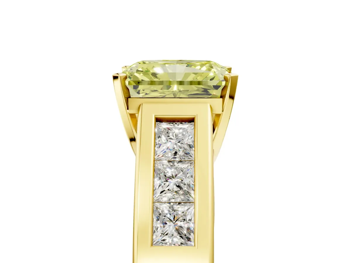 Fancy Yellow Radiant Cut Cut Channel Set Solitaire Ring with Four-Prong Setting Yellow gold