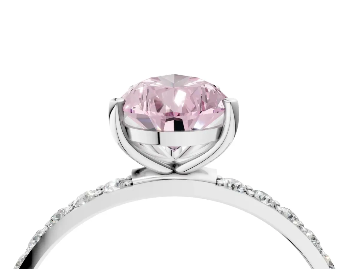 Fancy Pink Pear Cut Diamond Solitaire Ring with Round Pavé Shoulders and Prong Setting White gold
