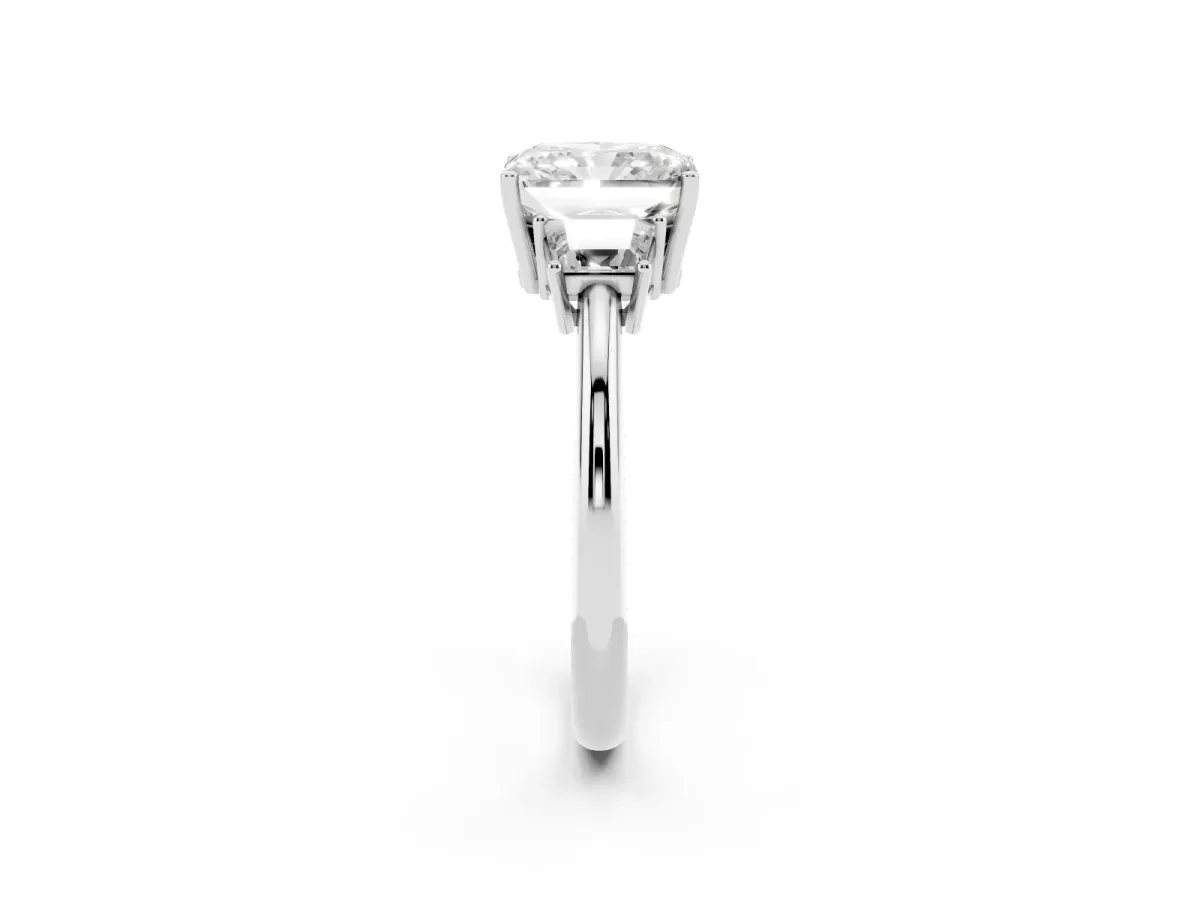 Radiant Cut Diamond Three-Stone Ring with Trapezoid Side Stones and Prong Setting Platinum