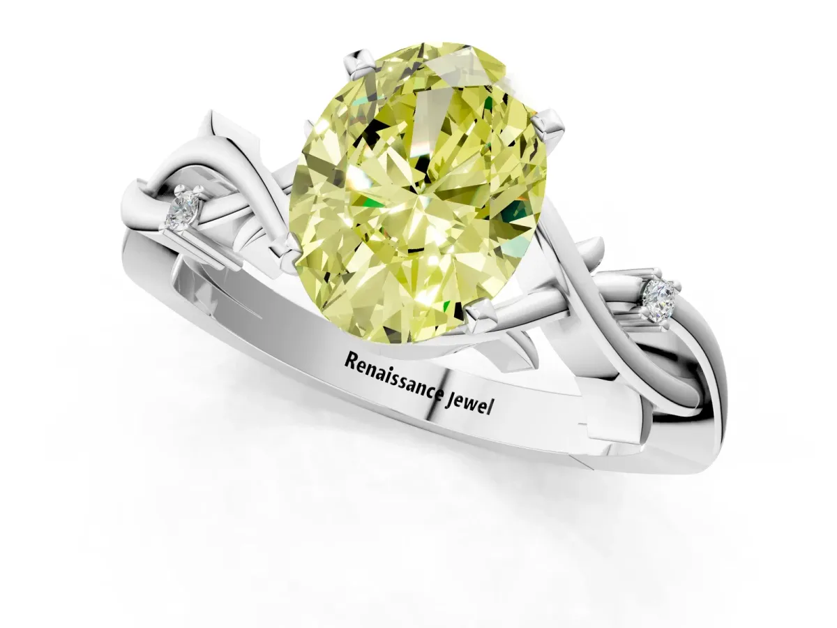 Fancy Yellow Oval Cut Diamond Solitaire Ring with Twisted Band and Prong Setting Silver