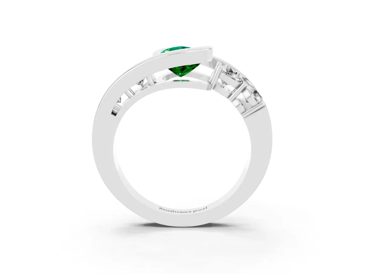 Bezel Set Pear Cut Emerald Bypass Ring with Round Accents Silver