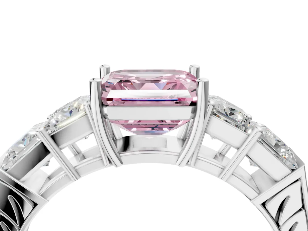 Fancy Pink Asscher Cut Solitaire Princess Side Stone Engraved Band Prong Setting Ring Platinum