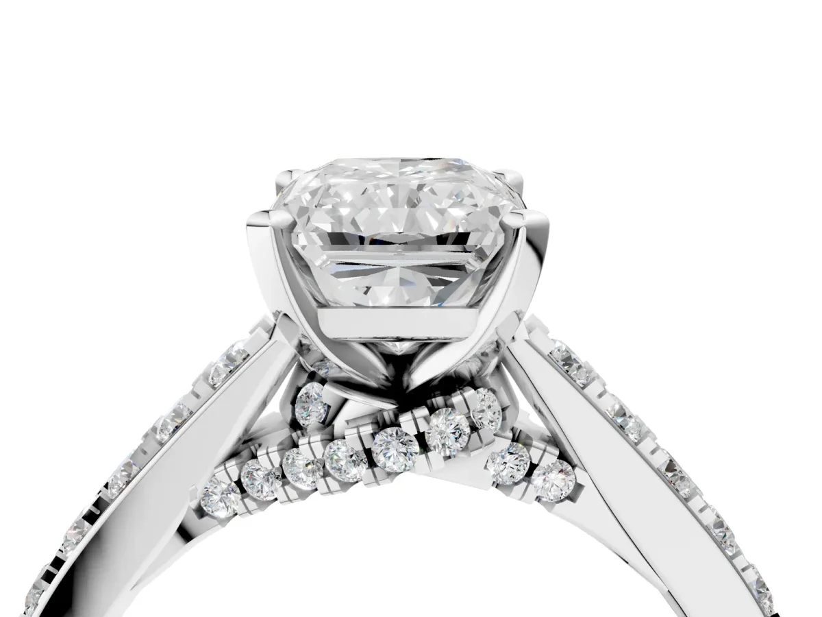 Radiant Cut Diamond Solitaire Ring with Crossover Gallery and Round Pavé Band Silver