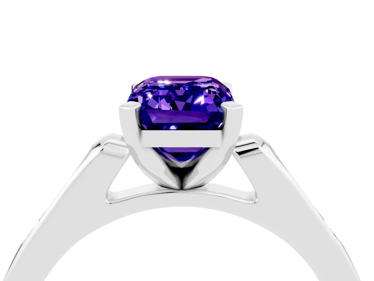 Emerald Cut Tanzanite Solitaire Ring with Channel Set Round Band and Prong Setting Silver