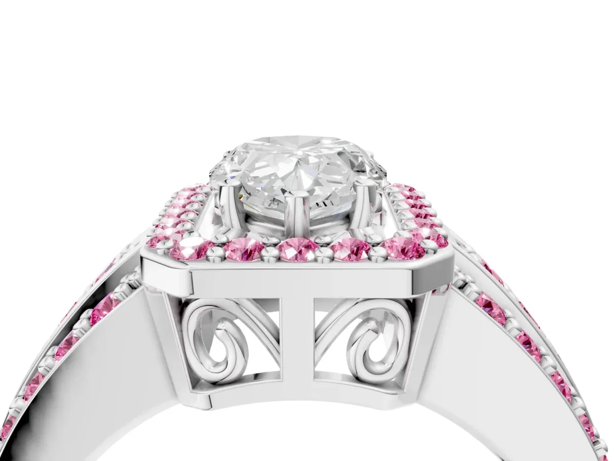 Pear Cut Halo Diamond Ring with Round Pink Sapphire Split Shank and Prong Setting Silver