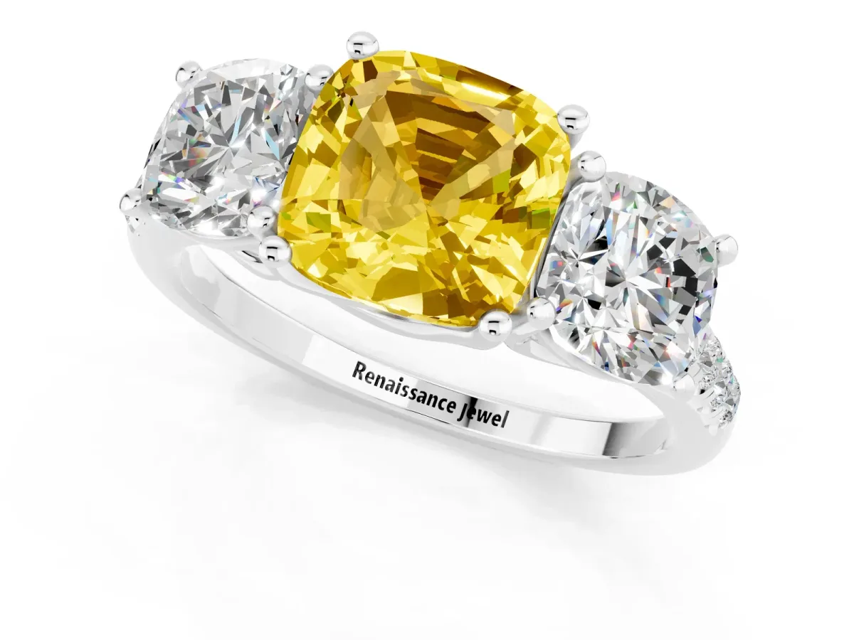 Three-Stone Cushion Cut Yellow Sapphire Ring with Round Pavé Band and Prong Setting Silver