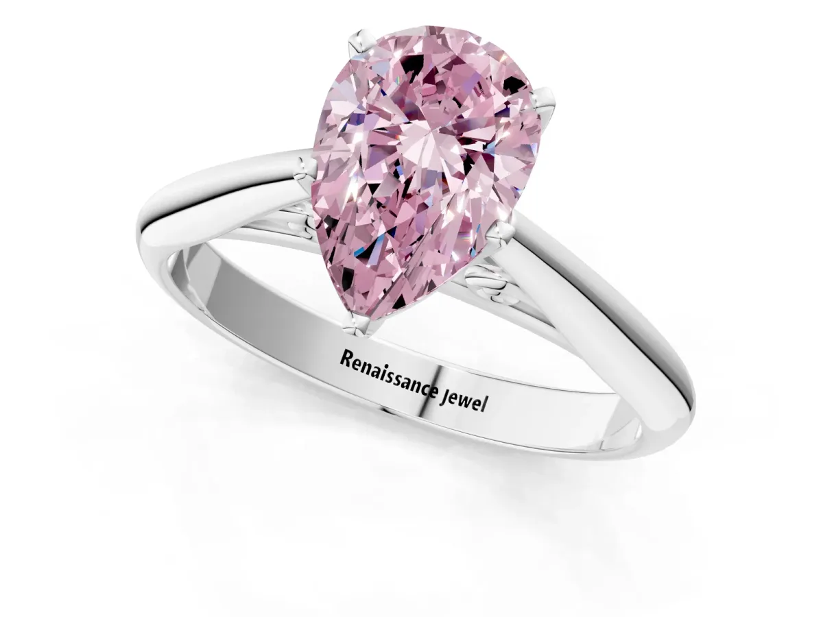 Fancy Pink Pear Cut Diamond Solitaire Engagement Ring with Cathedral Setting and Four-Prong Mount Silver